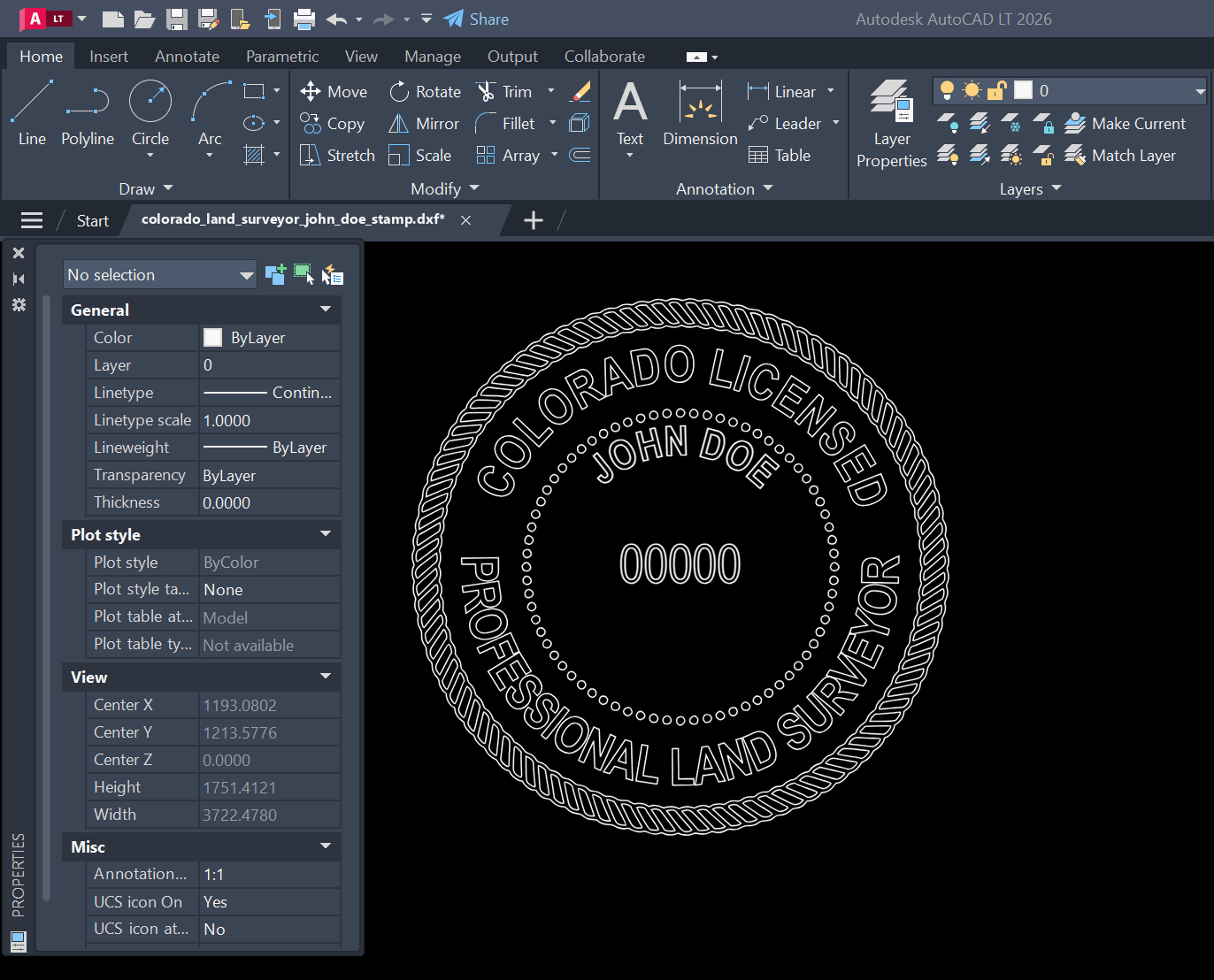 Colorado Land Surveyor stamp DXF opened in AutoCAD