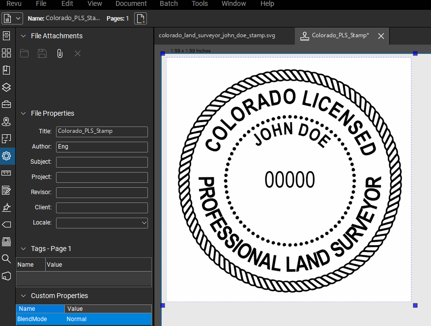 Colorado Land Surveyor stamp applied to a PDF drawing in Bluebeam Revu