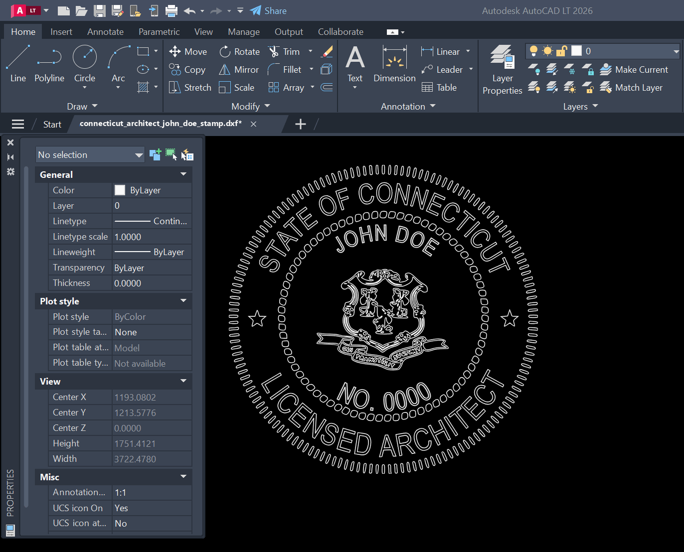 Connecticut Architect stamp DXF opened in AutoCAD