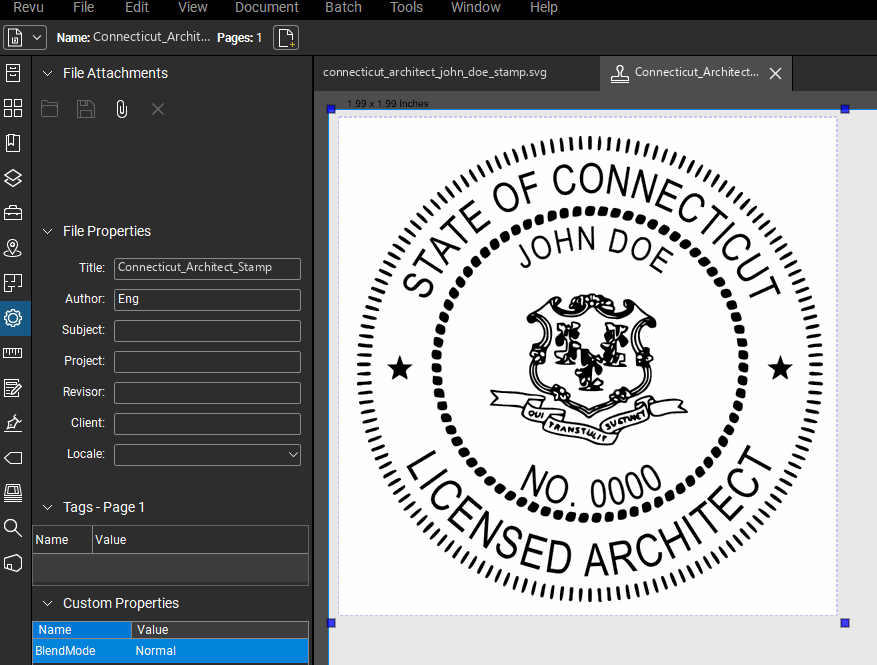 Connecticut Architect stamp applied to a PDF drawing in Bluebeam Revu