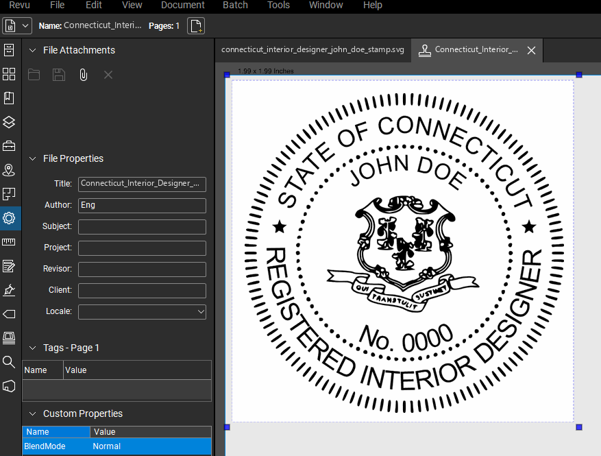 Connecticut Interior Designer stamp applied to a PDF drawing in Bluebeam Revu