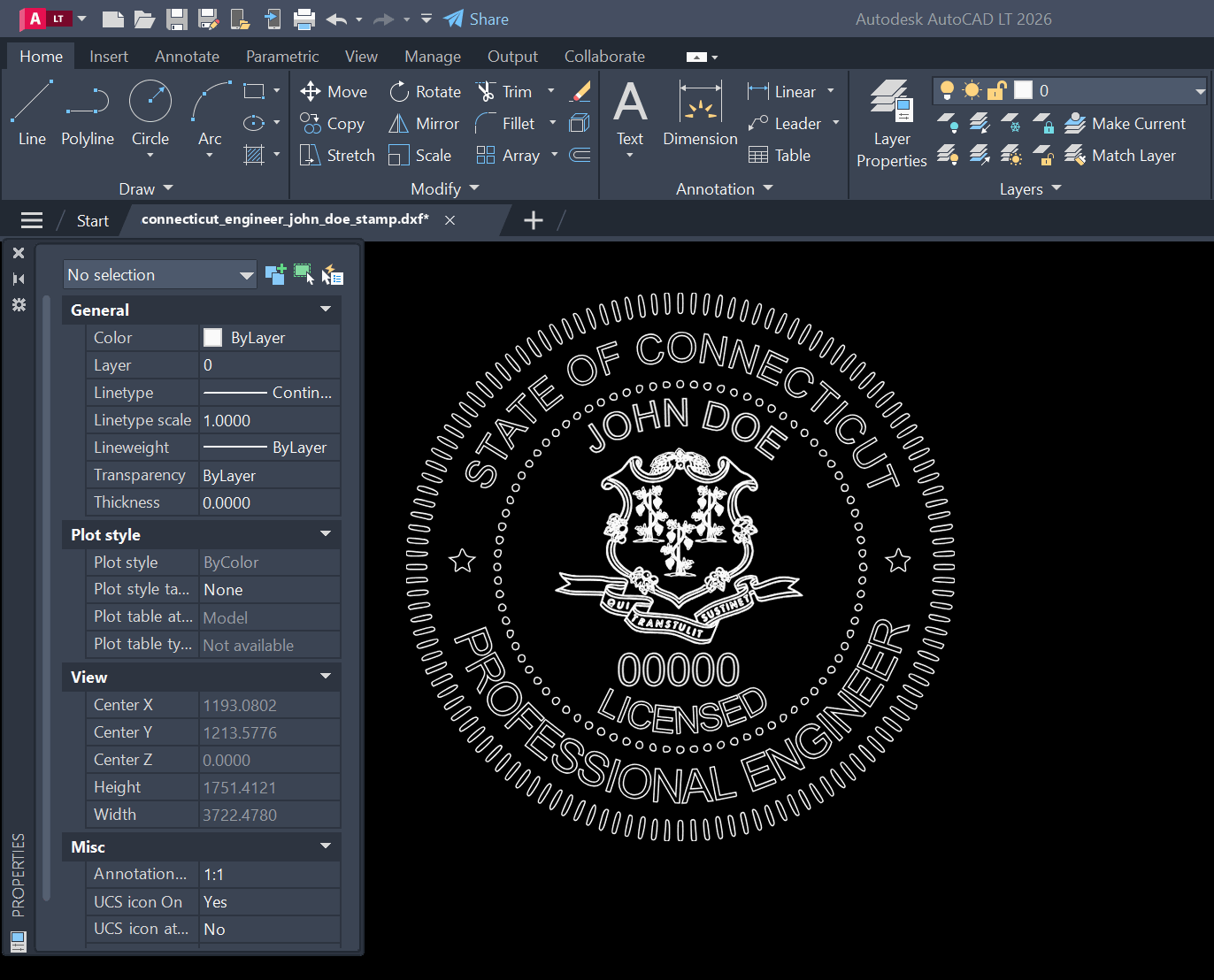 Connecticut PE stamp DXF opened in AutoCAD