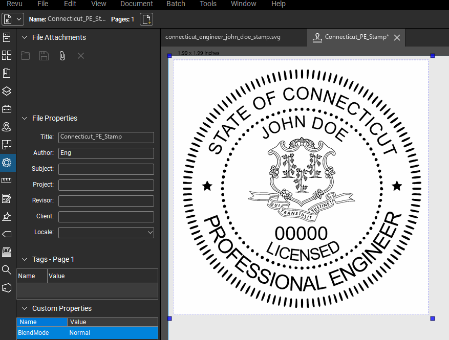 Connecticut PE stamp applied to a PDF drawing in Bluebeam Revu