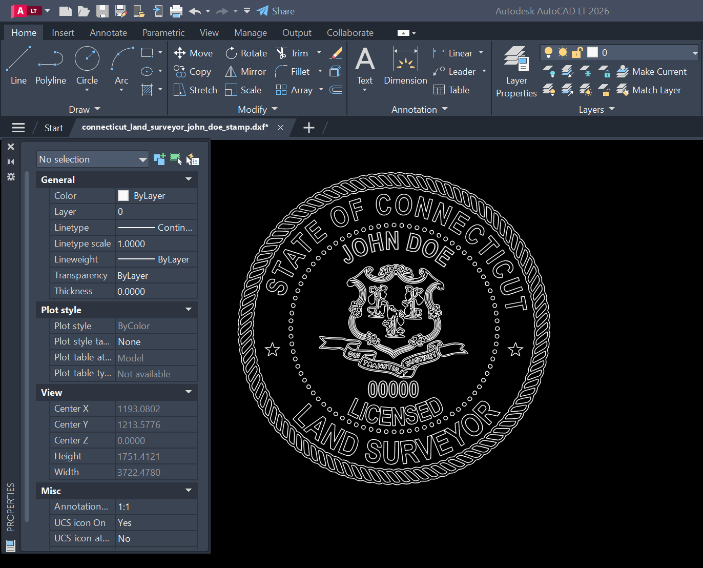 Connecticut Land Surveyor stamp DXF opened in AutoCAD