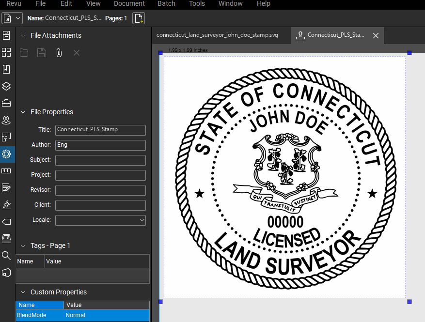 Connecticut Land Surveyor stamp applied to a PDF drawing in Bluebeam Revu