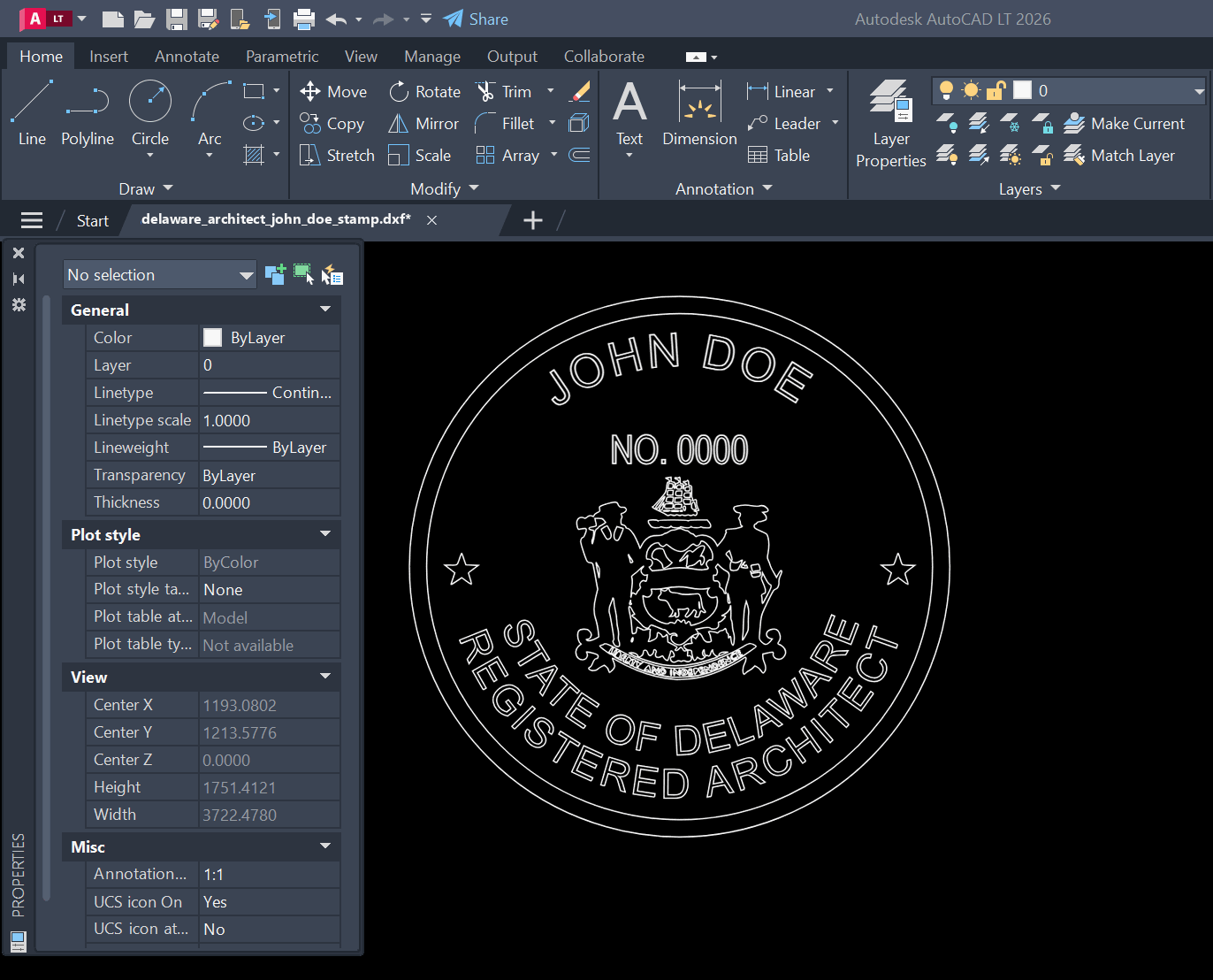 Delaware Architect stamp DXF opened in AutoCAD