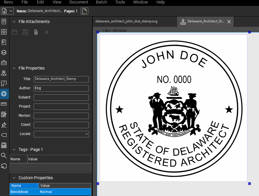 Delaware Architect stamp applied to a PDF drawing in Bluebeam Revu