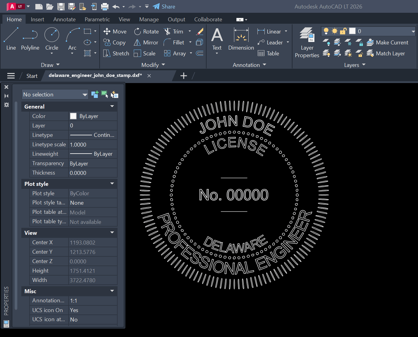 Delaware PE stamp DXF opened in AutoCAD