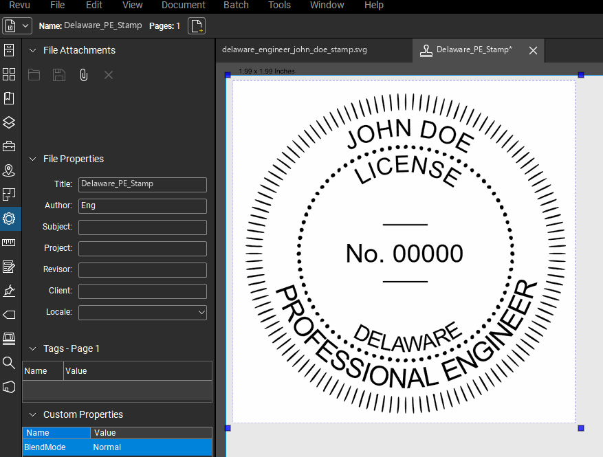 Delaware PE stamp applied to a PDF drawing in Bluebeam Revu