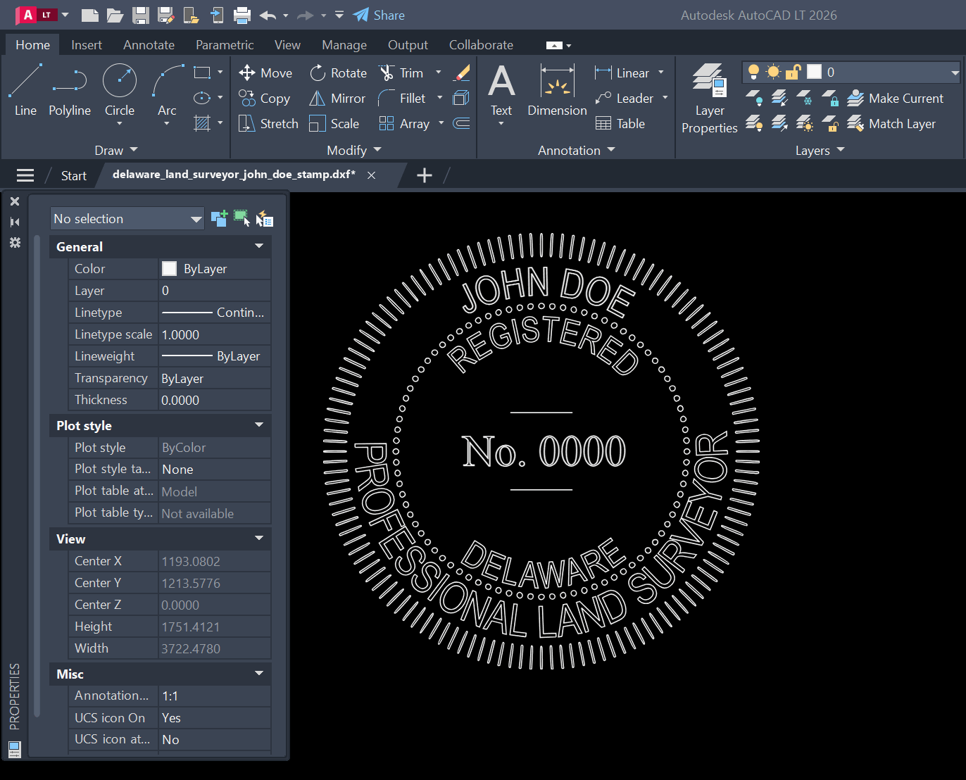 Delaware Land Surveyor stamp DXF opened in AutoCAD