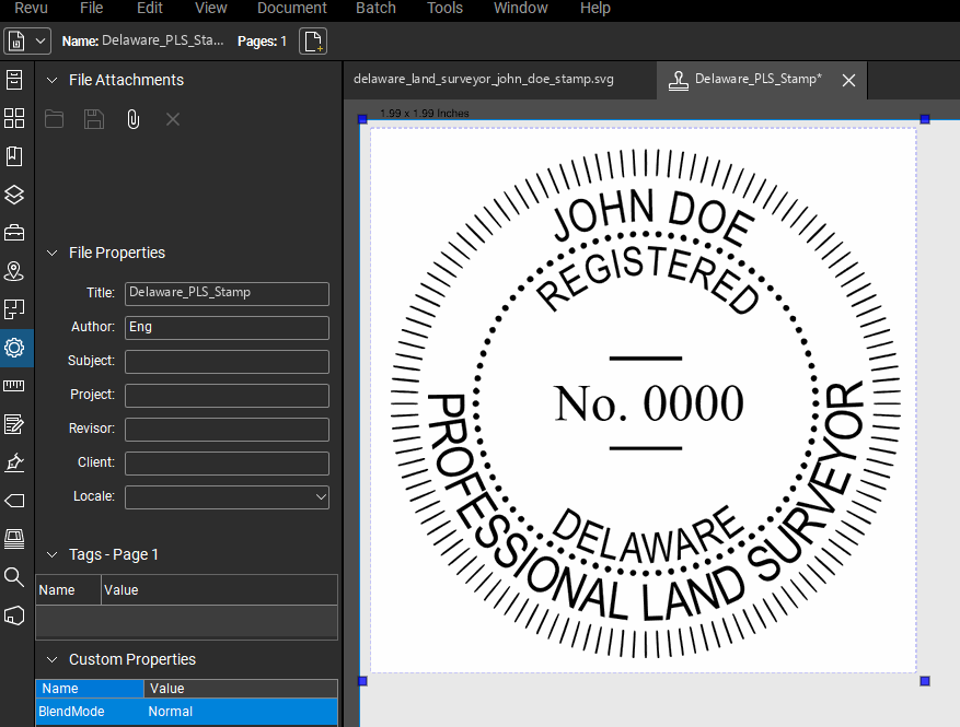 Delaware Land Surveyor stamp applied to a PDF drawing in Bluebeam Revu