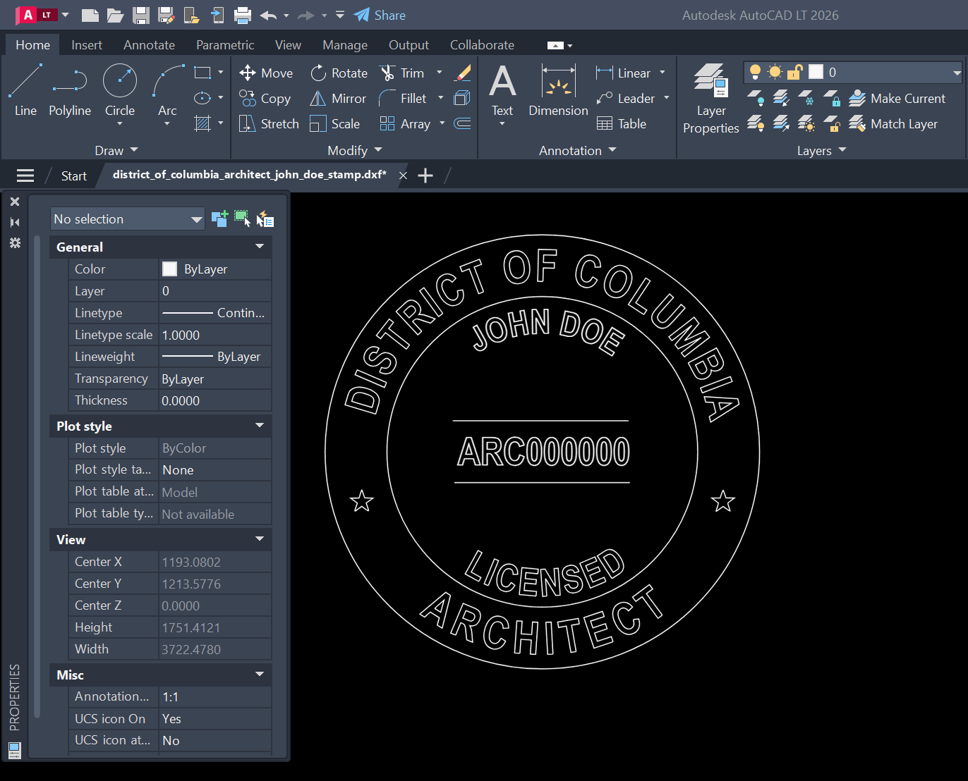 District of Columbia Architect stamp DXF opened in AutoCAD