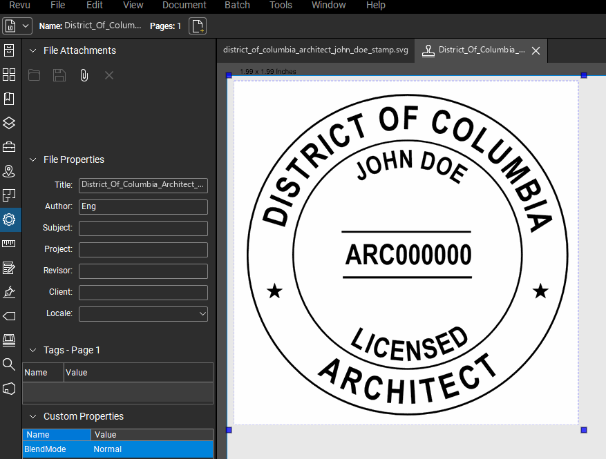 District of Columbia Architect stamp applied to a PDF drawing in Bluebeam Revu
