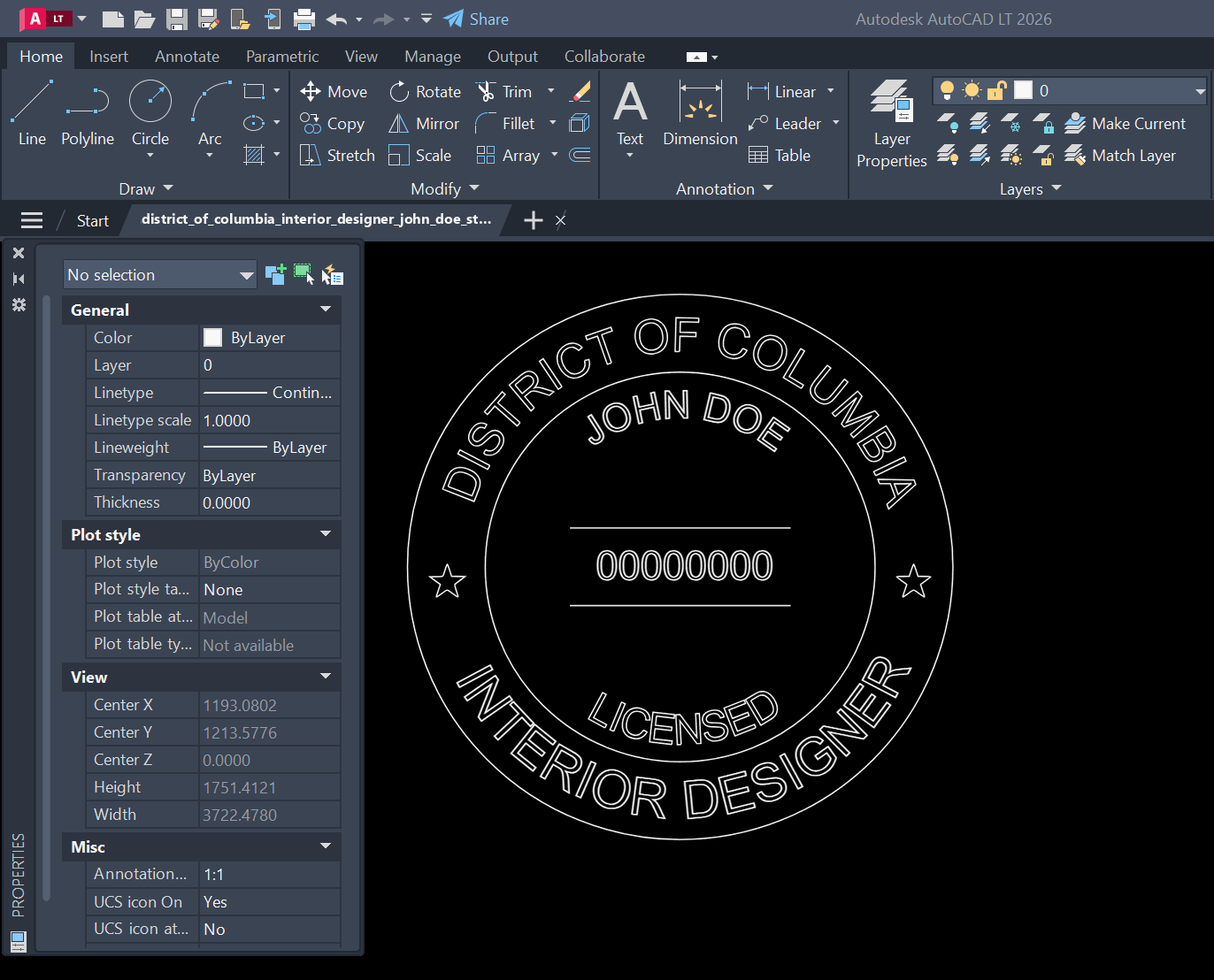 District of Columbia Interior Designer stamp DXF opened in AutoCAD