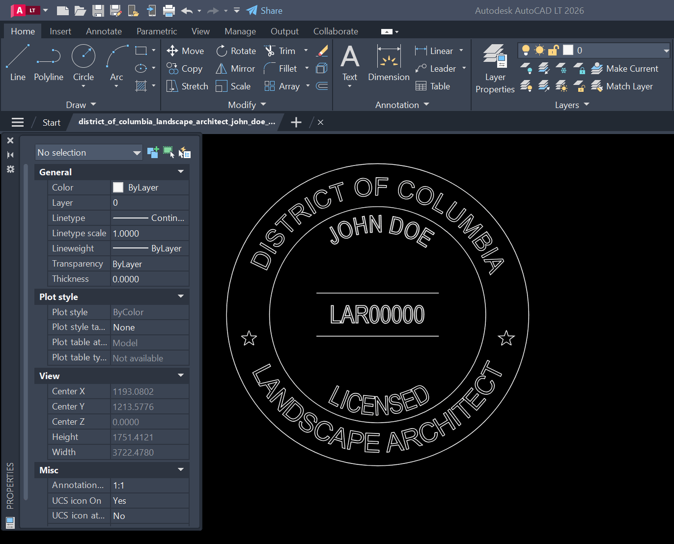 District of Columbia Landscape Architect stamp DXF opened in AutoCAD