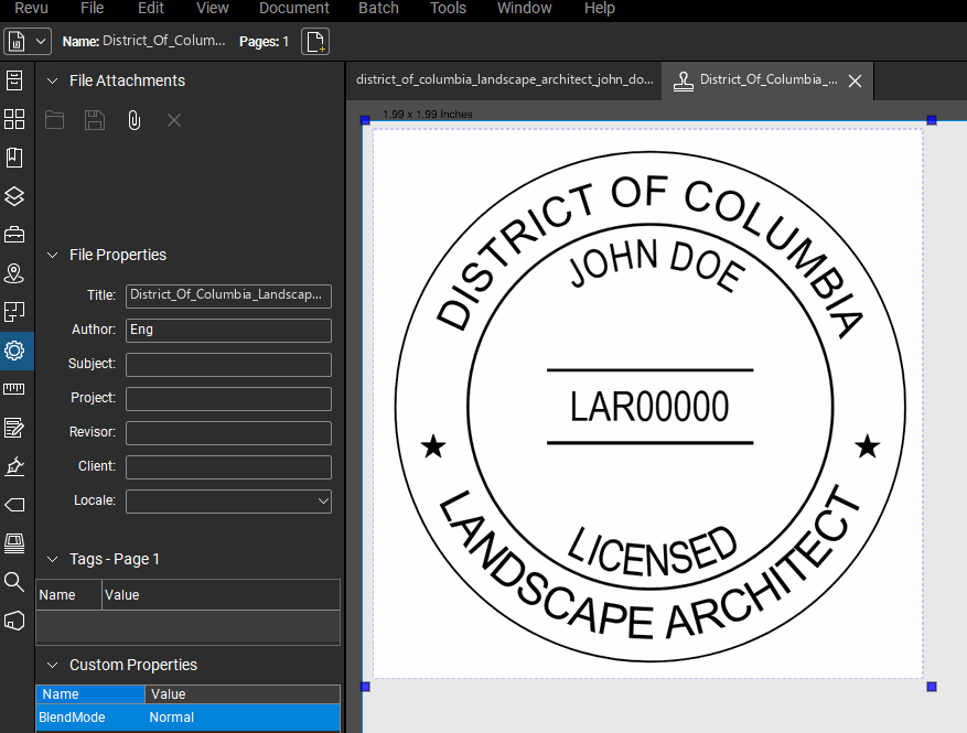 District of Columbia Landscape Architect stamp applied to a PDF drawing in Bluebeam Revu