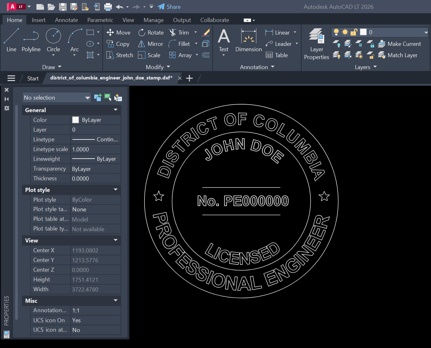 District of Columbia PE stamp DXF opened in AutoCAD