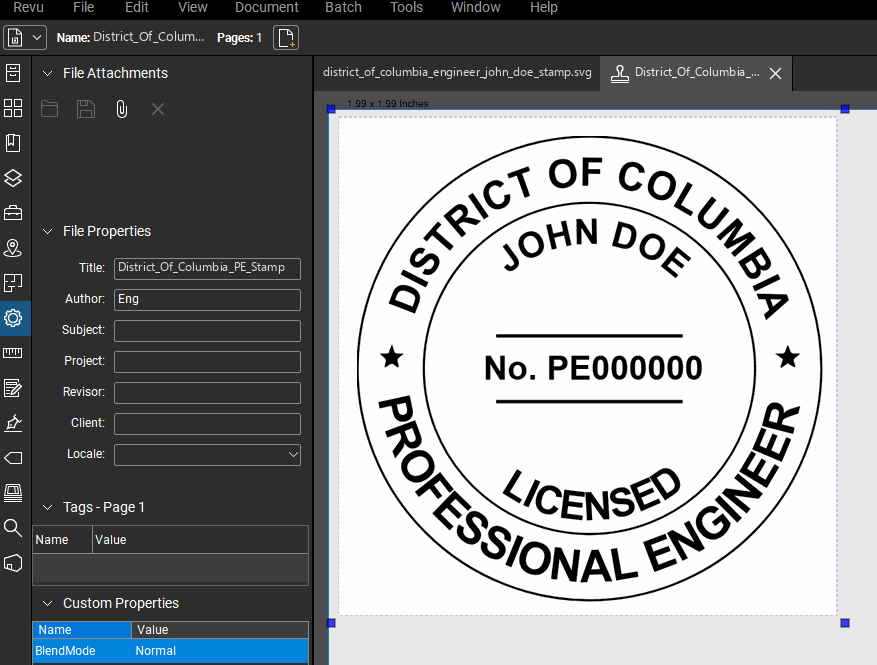District of Columbia PE stamp applied to a PDF drawing in Bluebeam Revu