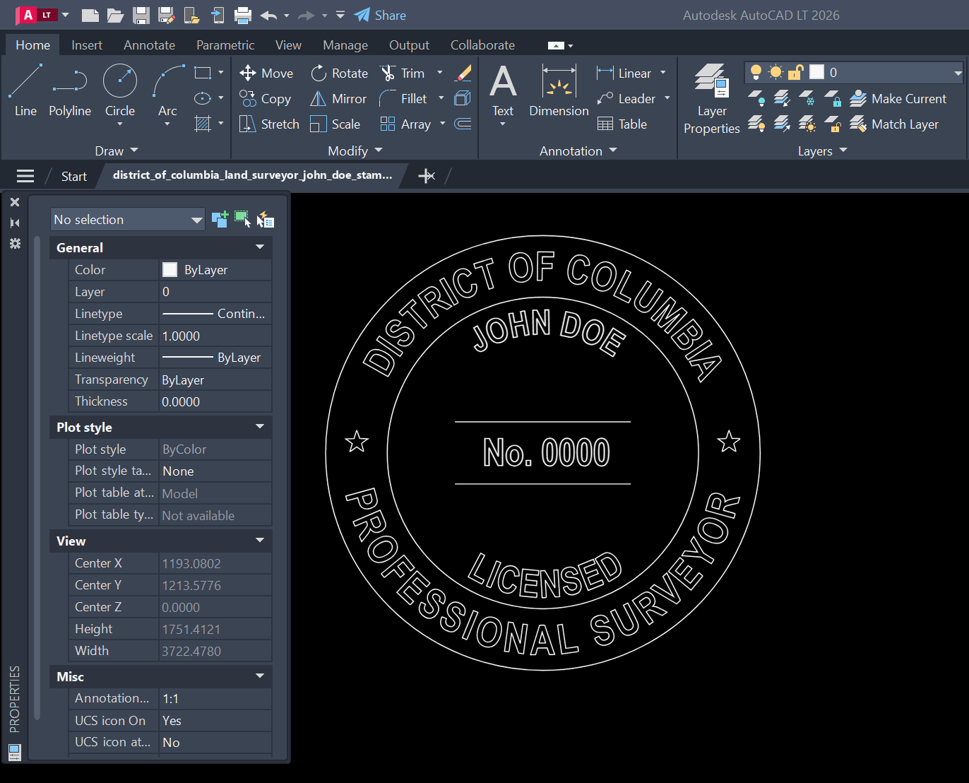 District of Columbia Land Surveyor stamp DXF opened in AutoCAD