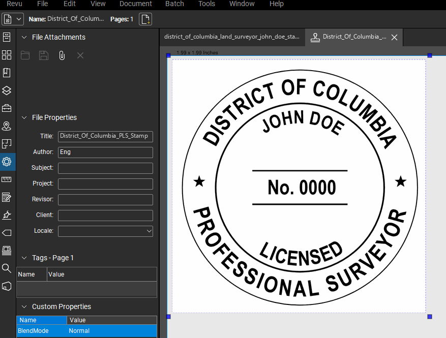 District of Columbia Land Surveyor stamp applied to a PDF drawing in Bluebeam Revu