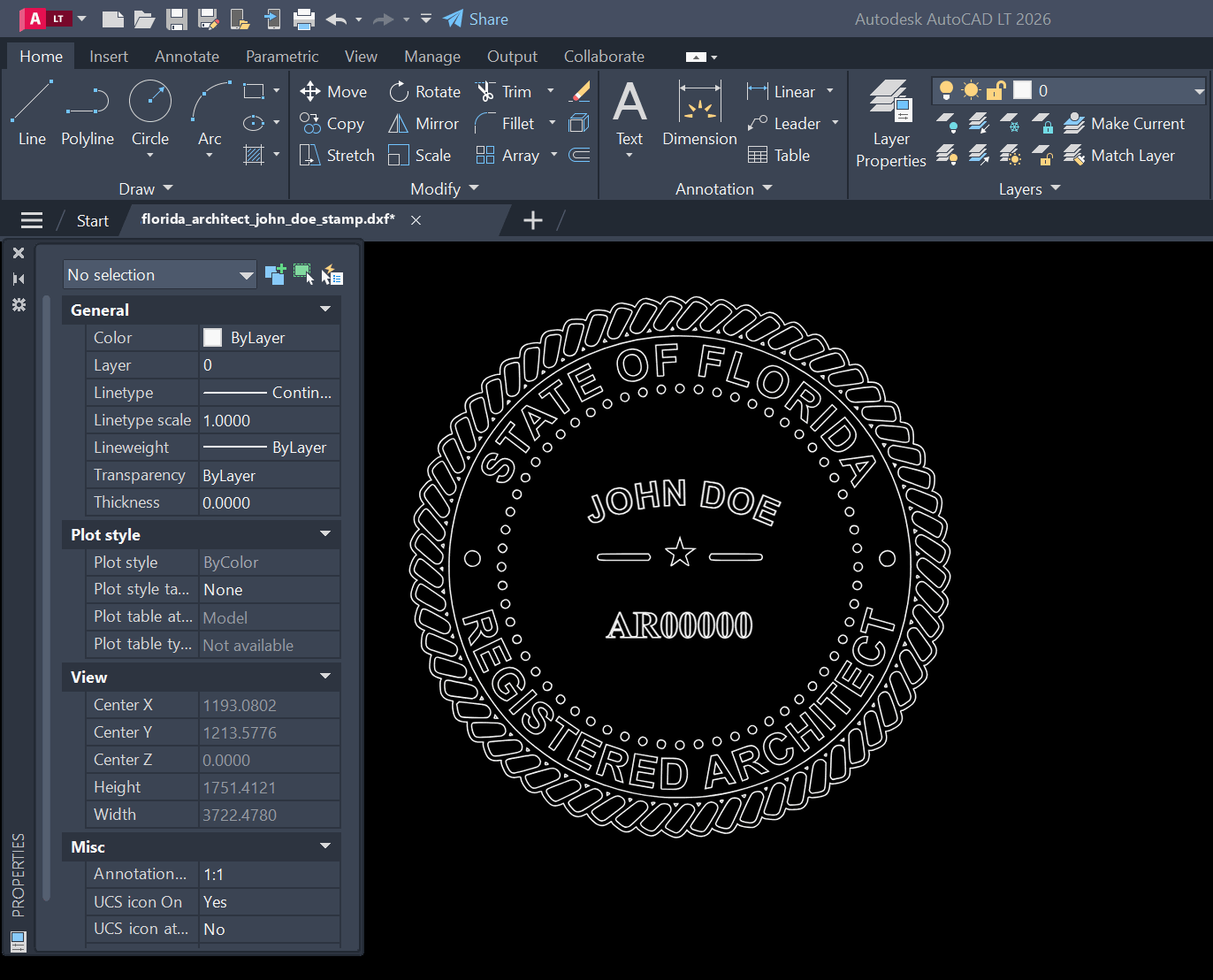Florida Architect stamp DXF opened in AutoCAD