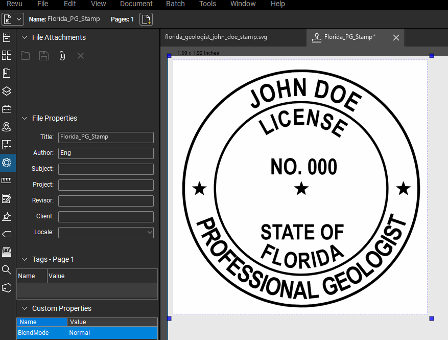 Florida Geologist stamp applied to a PDF drawing in Bluebeam Revu