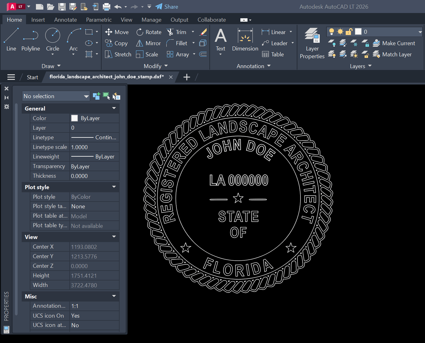 Florida Landscape Architect stamp DXF opened in AutoCAD