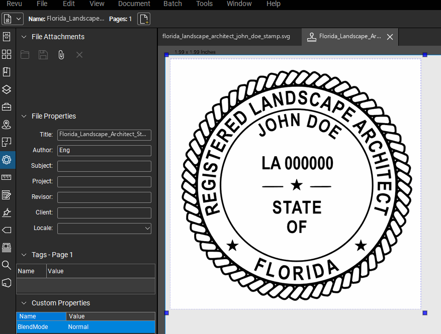 Florida Landscape Architect stamp applied to a PDF drawing in Bluebeam Revu