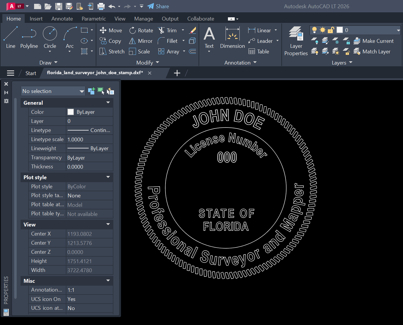 Florida Land Surveyor stamp DXF opened in AutoCAD