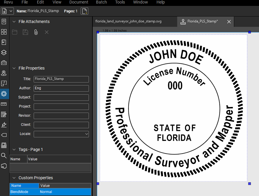 Florida Land Surveyor stamp applied to a PDF drawing in Bluebeam Revu