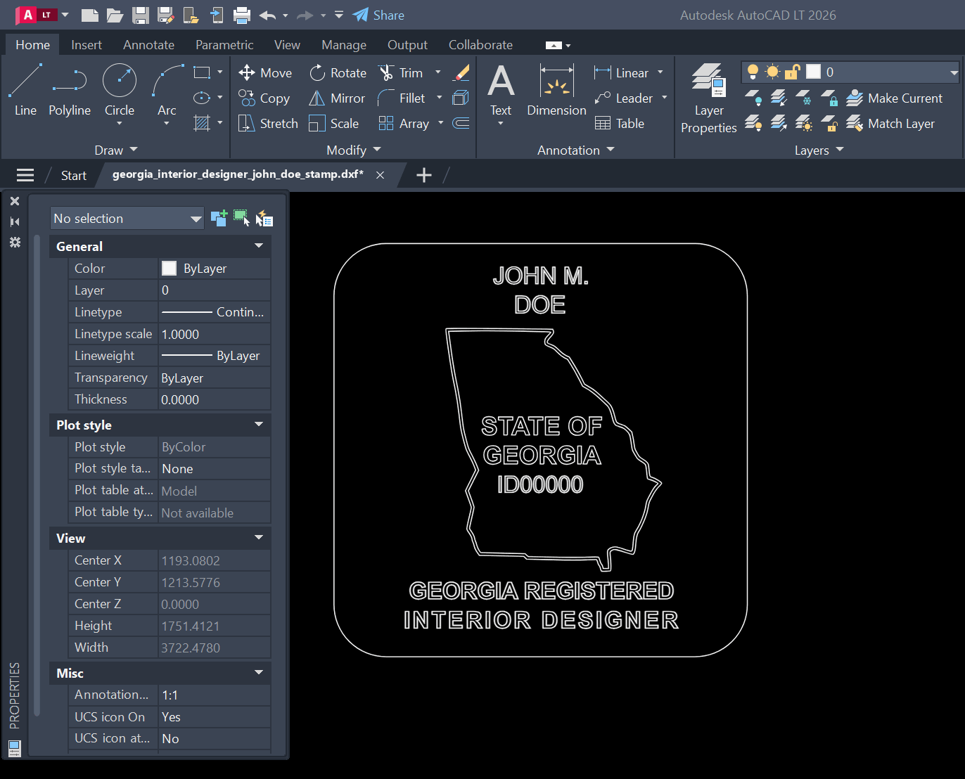 Georgia Interior Designer stamp DXF opened in AutoCAD