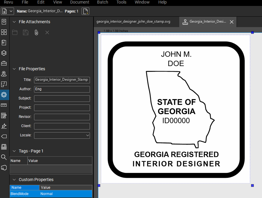 Georgia Interior Designer stamp applied to a PDF drawing in Bluebeam Revu