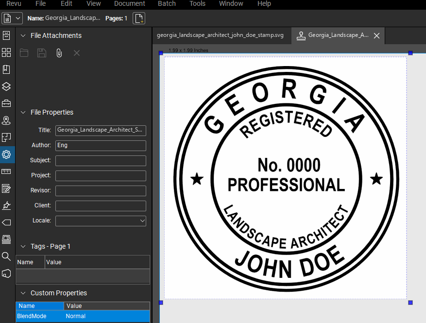 Georgia Landscape Architect stamp applied to a PDF drawing in Bluebeam Revu