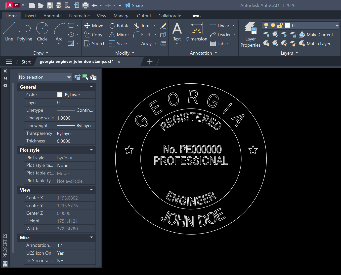 Georgia PE stamp DXF opened in AutoCAD