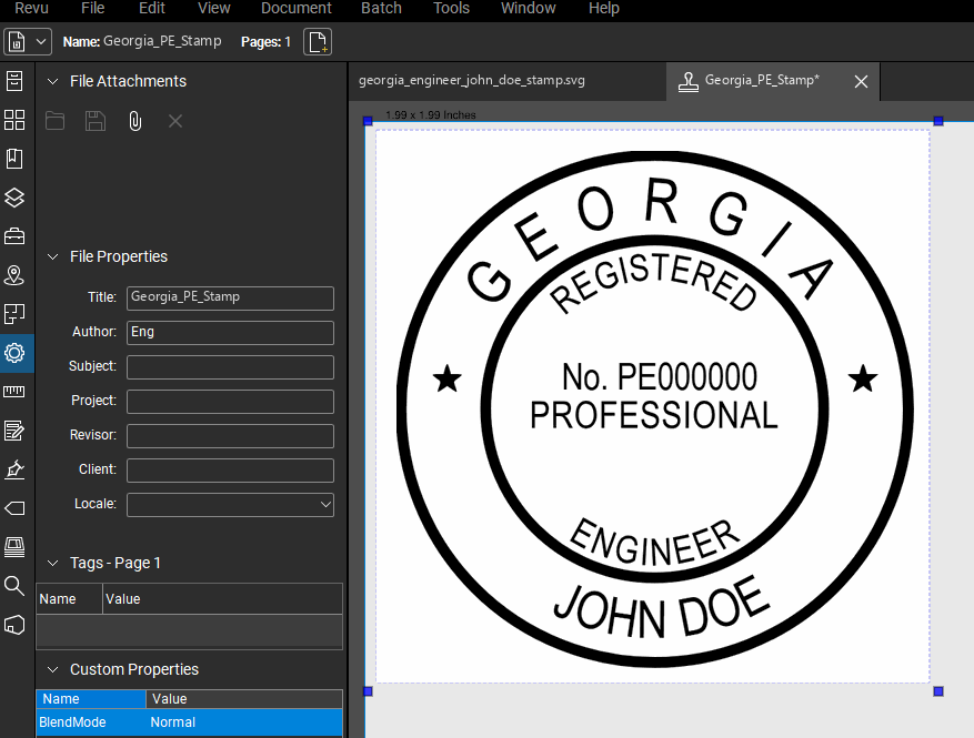 Georgia PE stamp applied to a PDF drawing in Bluebeam Revu