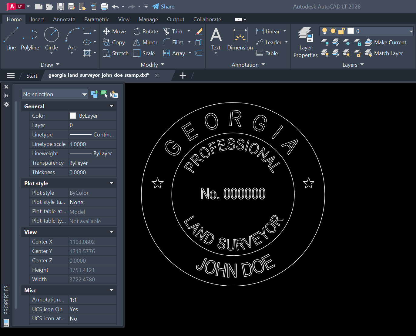 Georgia Land Surveyor stamp DXF opened in AutoCAD