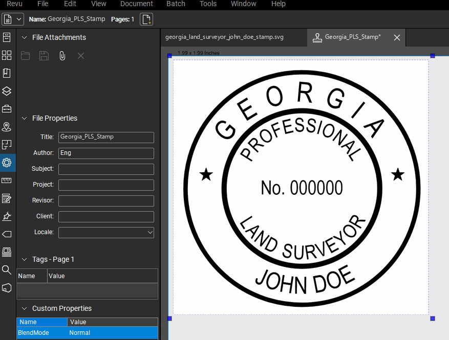 Georgia Land Surveyor stamp applied to a PDF drawing in Bluebeam Revu