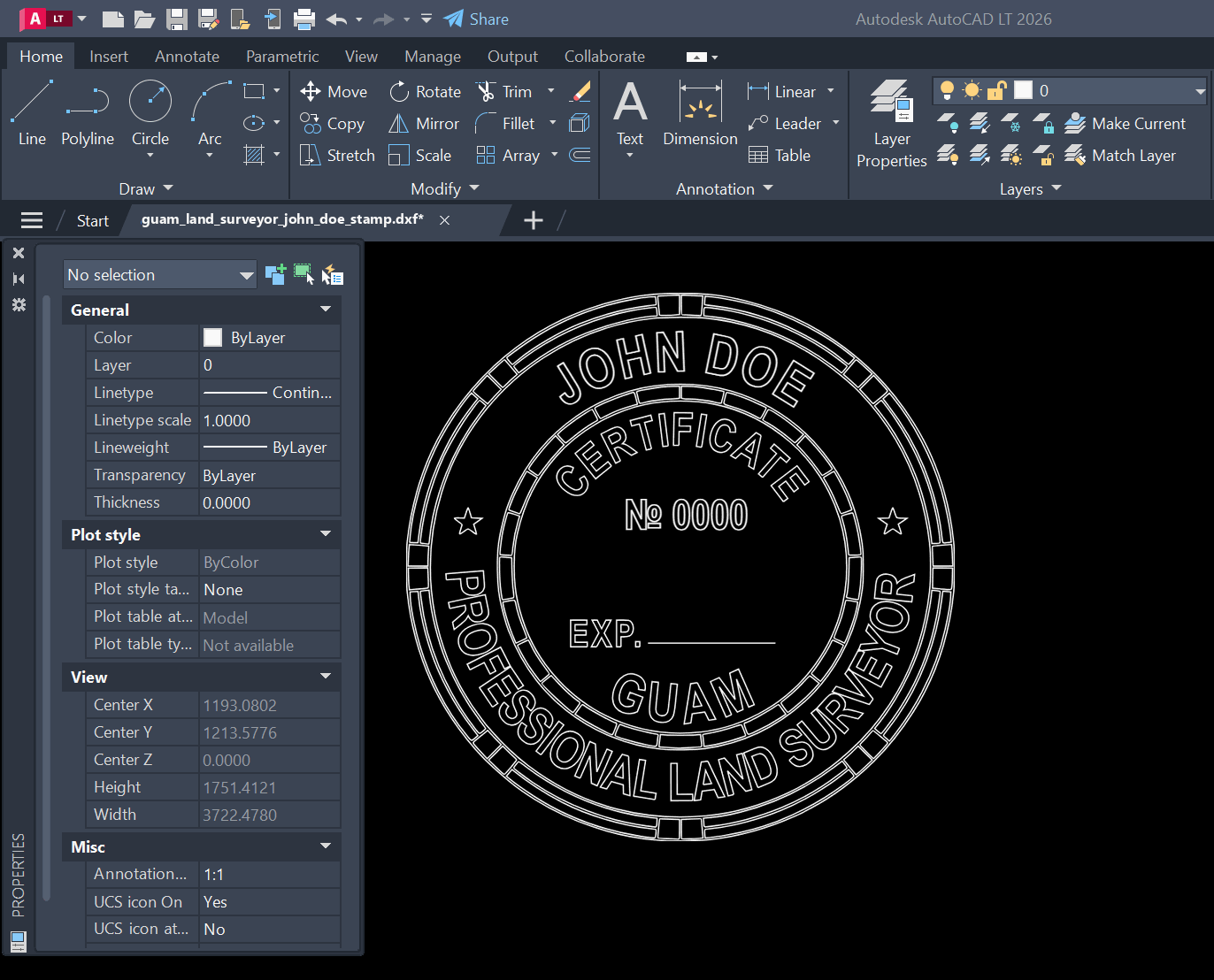 Guam Land Surveyor stamp DXF opened in AutoCAD