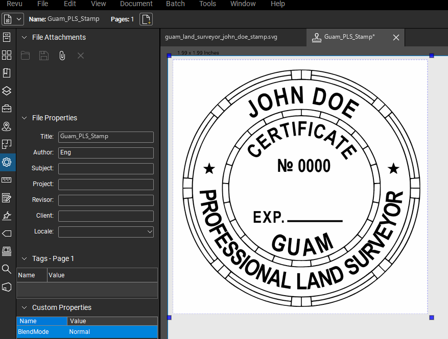 Guam Land Surveyor stamp applied to a PDF drawing in Bluebeam Revu