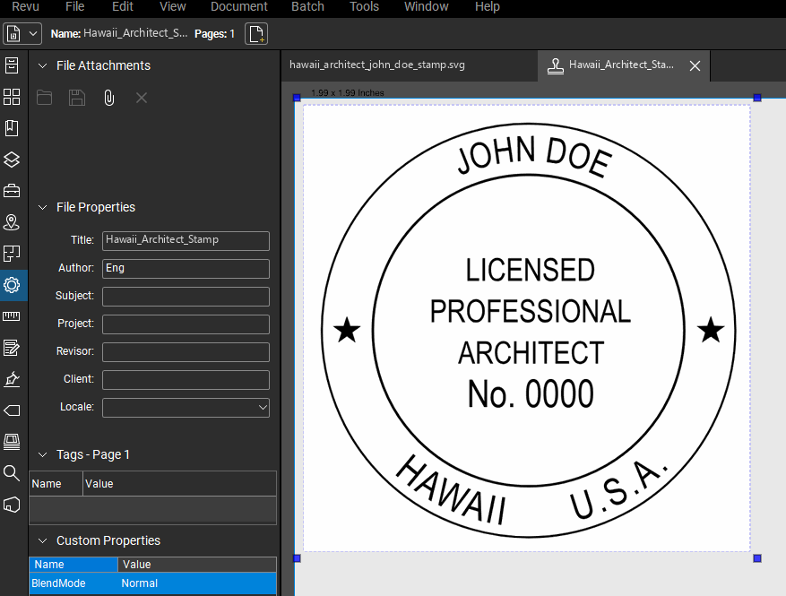 Hawaii Architect stamp applied to a PDF drawing in Bluebeam Revu