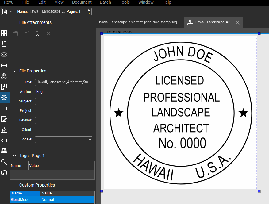 Hawaii Landscape Architect stamp applied to a PDF drawing in Bluebeam Revu