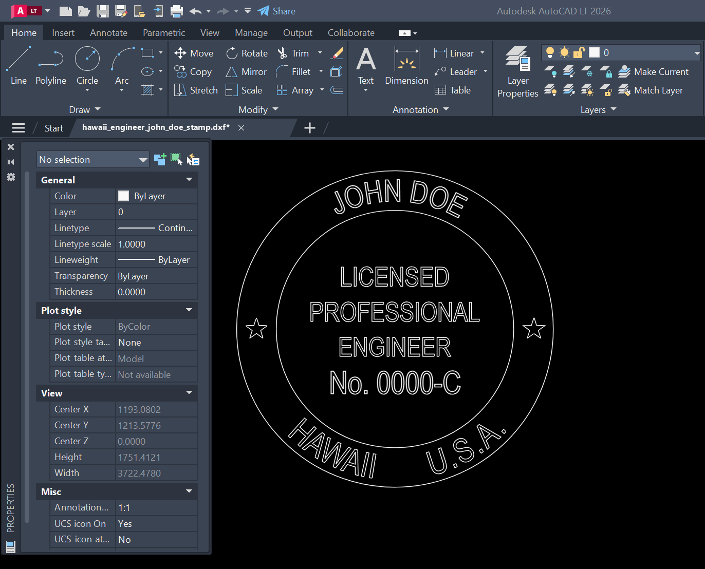 Hawaii PE stamp DXF opened in AutoCAD