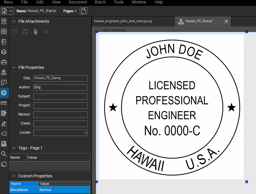 Hawaii PE stamp applied to a PDF drawing in Bluebeam Revu