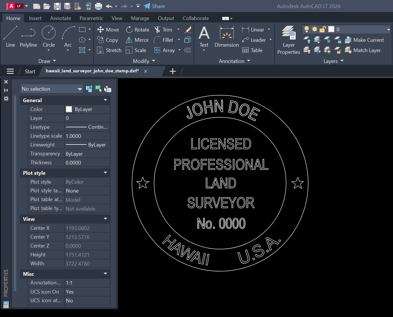 Hawaii Land Surveyor stamp DXF opened in AutoCAD