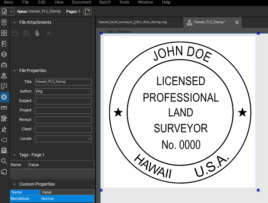 Hawaii Land Surveyor stamp applied to a PDF drawing in Bluebeam Revu