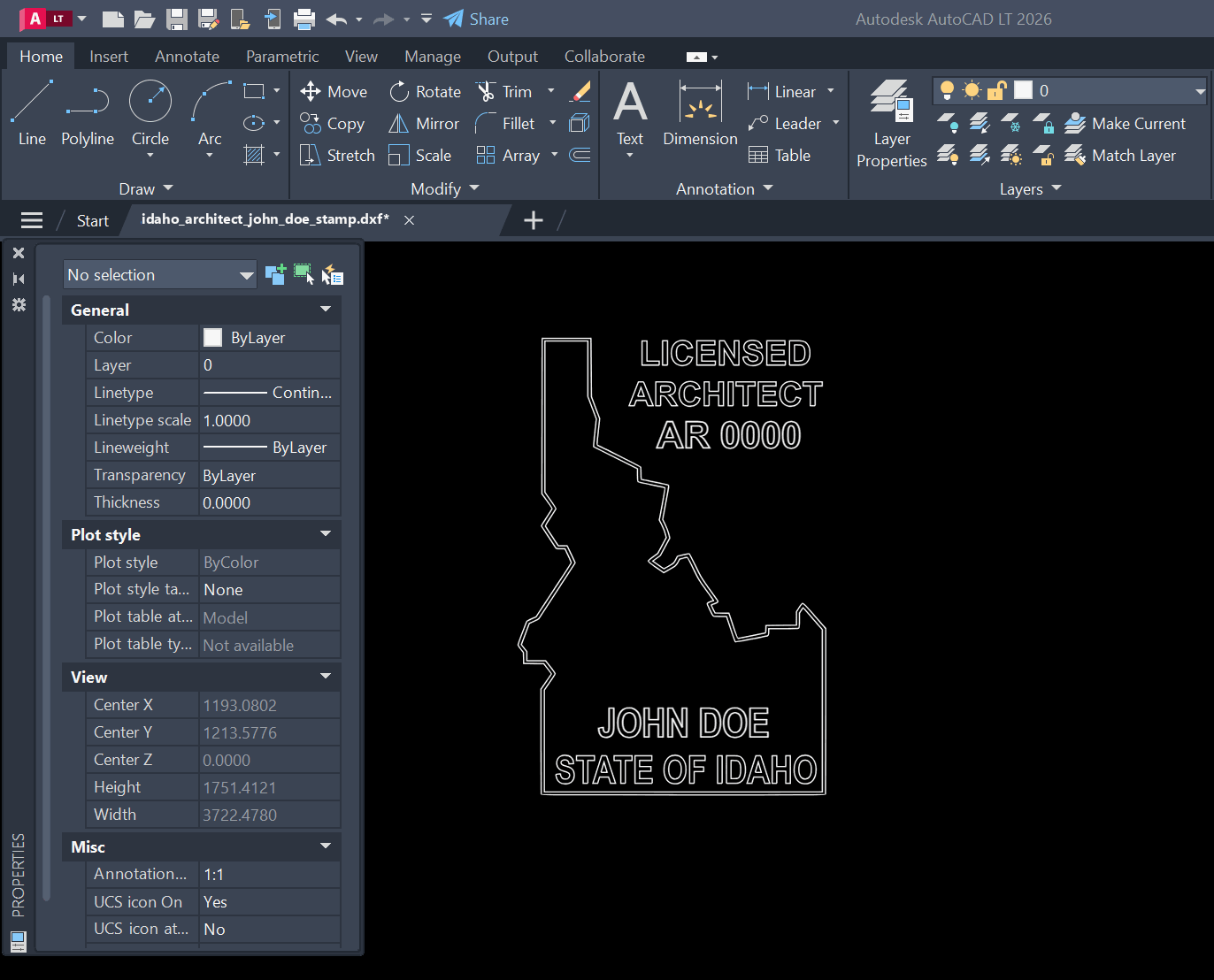 Idaho Architect stamp DXF opened in AutoCAD