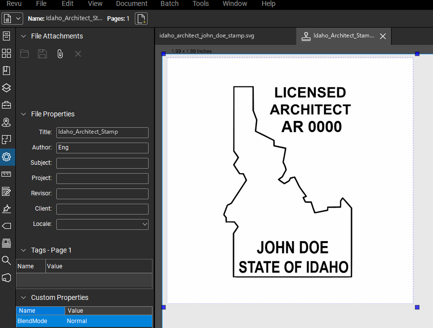 Idaho Architect stamp applied to a PDF drawing in Bluebeam Revu