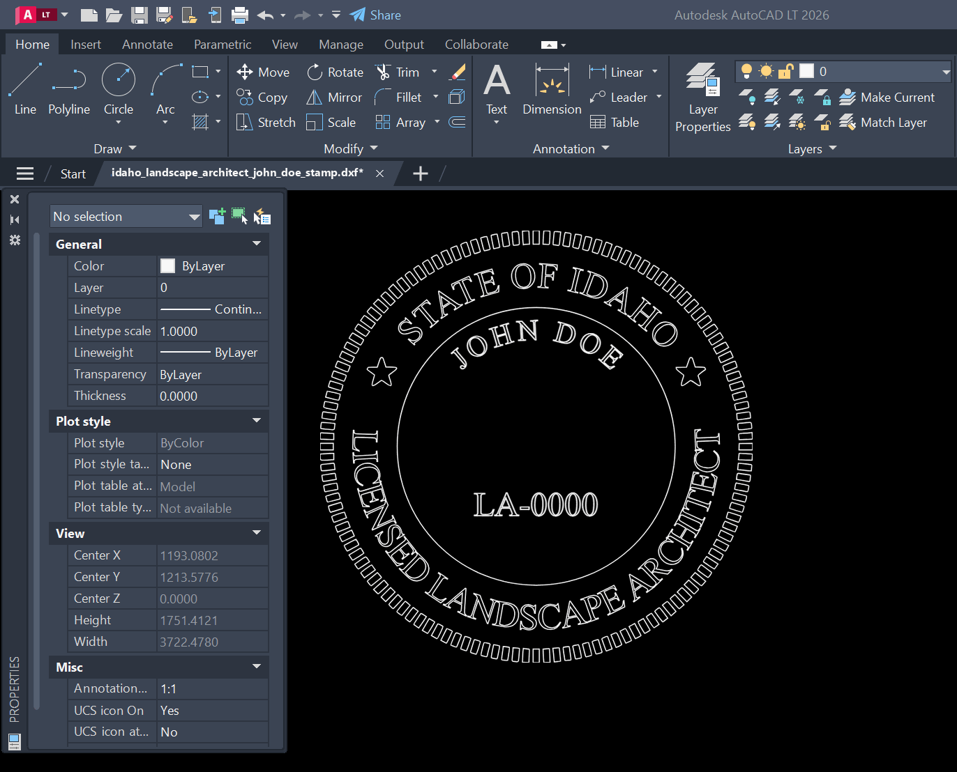 Idaho Landscape Architect stamp DXF opened in AutoCAD