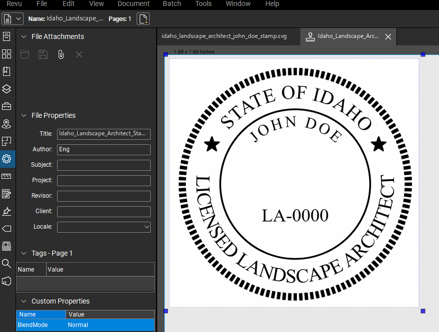 Idaho Landscape Architect stamp applied to a PDF drawing in Bluebeam Revu