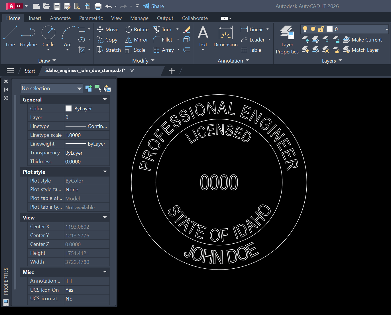 Idaho PE stamp DXF opened in AutoCAD